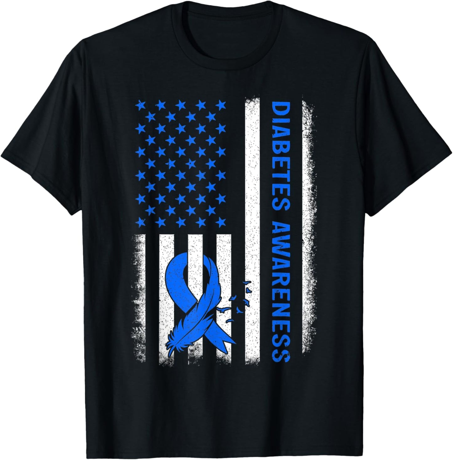 Type 1 Diabetes Awareness American US Flag Blue Ribbon Gift T-Shirt - T-Shirt | Black