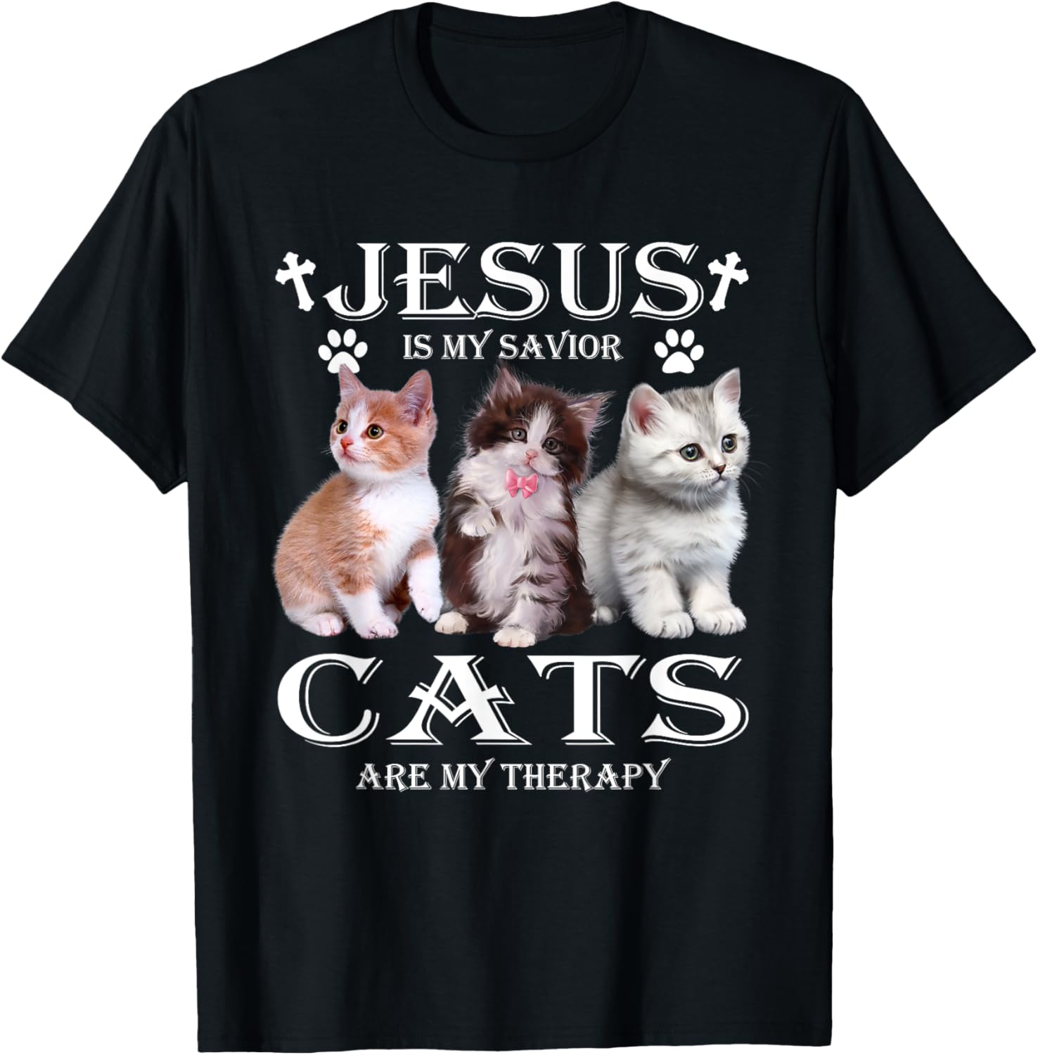 Jesus is My Savior Cats Are My Therapy Christians Cat Lover T-Shirt - T-Shirt | Black