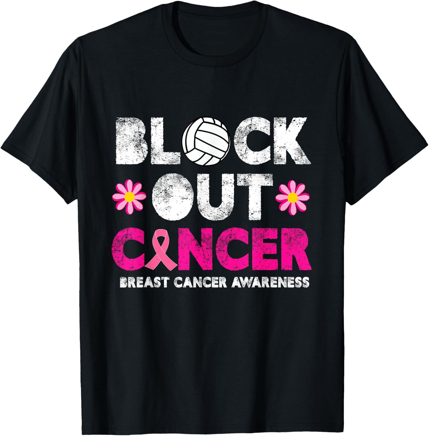 Volleyball Pink Breast Cancer Awareness Block Out Cancer T-Shirt - T-Shirt | Black