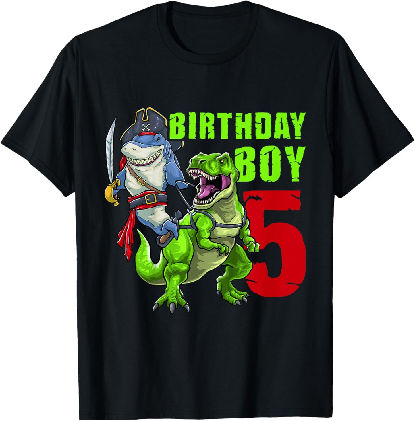 Kids 5th Birthday Boy 5 Years Old Dinosaur Pirate Shark T-Shirt - T-Shirt | Black