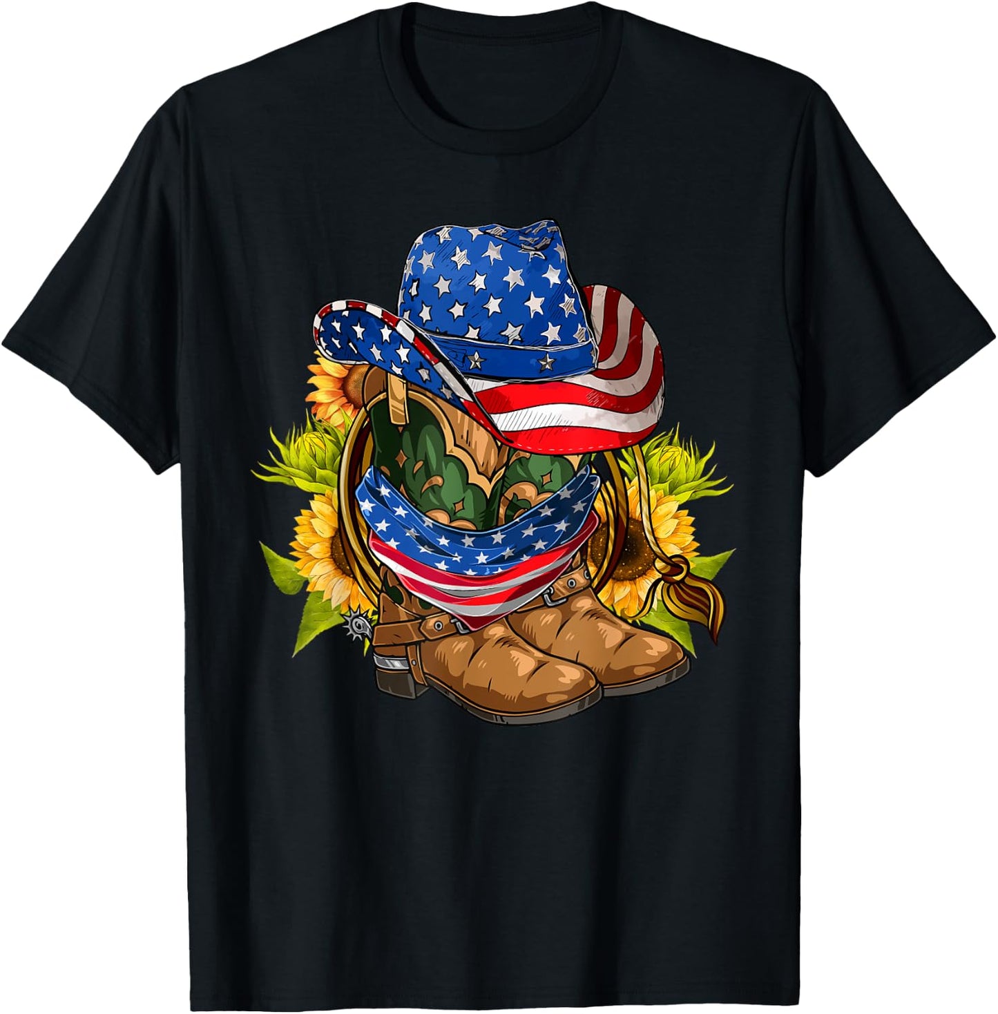 Retro Cowboy Cowgirl Boots & Hat USA Flag 4th Of July Boys T-Shirt - T-Shirt | Black