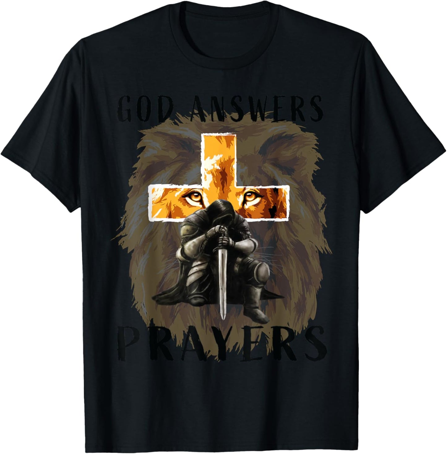 God Answers Prayers Warrior Men Christian Cross Lion Graphic T-Shirt - T-Shirt | Black
