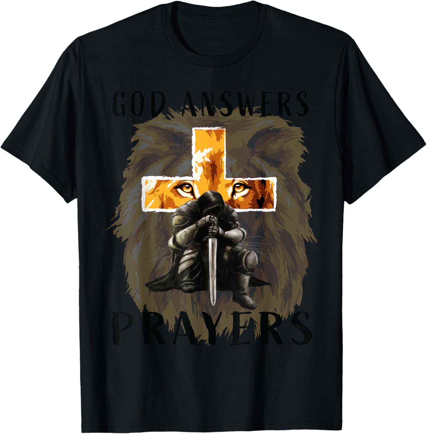 God Answers Prayers Warrior Men Christian Cross Lion Graphic T-Shirt - T-Shirt | Black