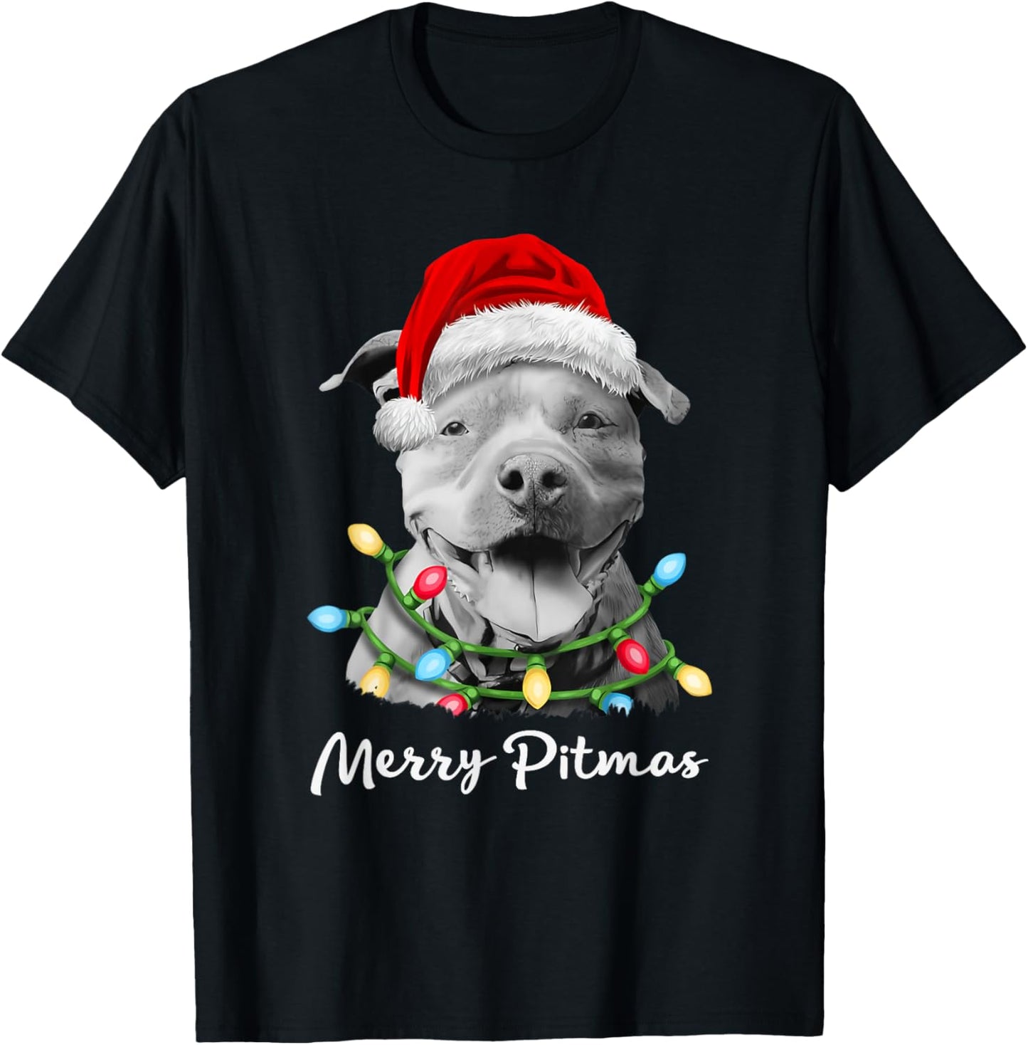 Pit Bull Santa Christmas Tree Lights Xmas Merry Pitmas T-Shirt - T-Shirt | Black