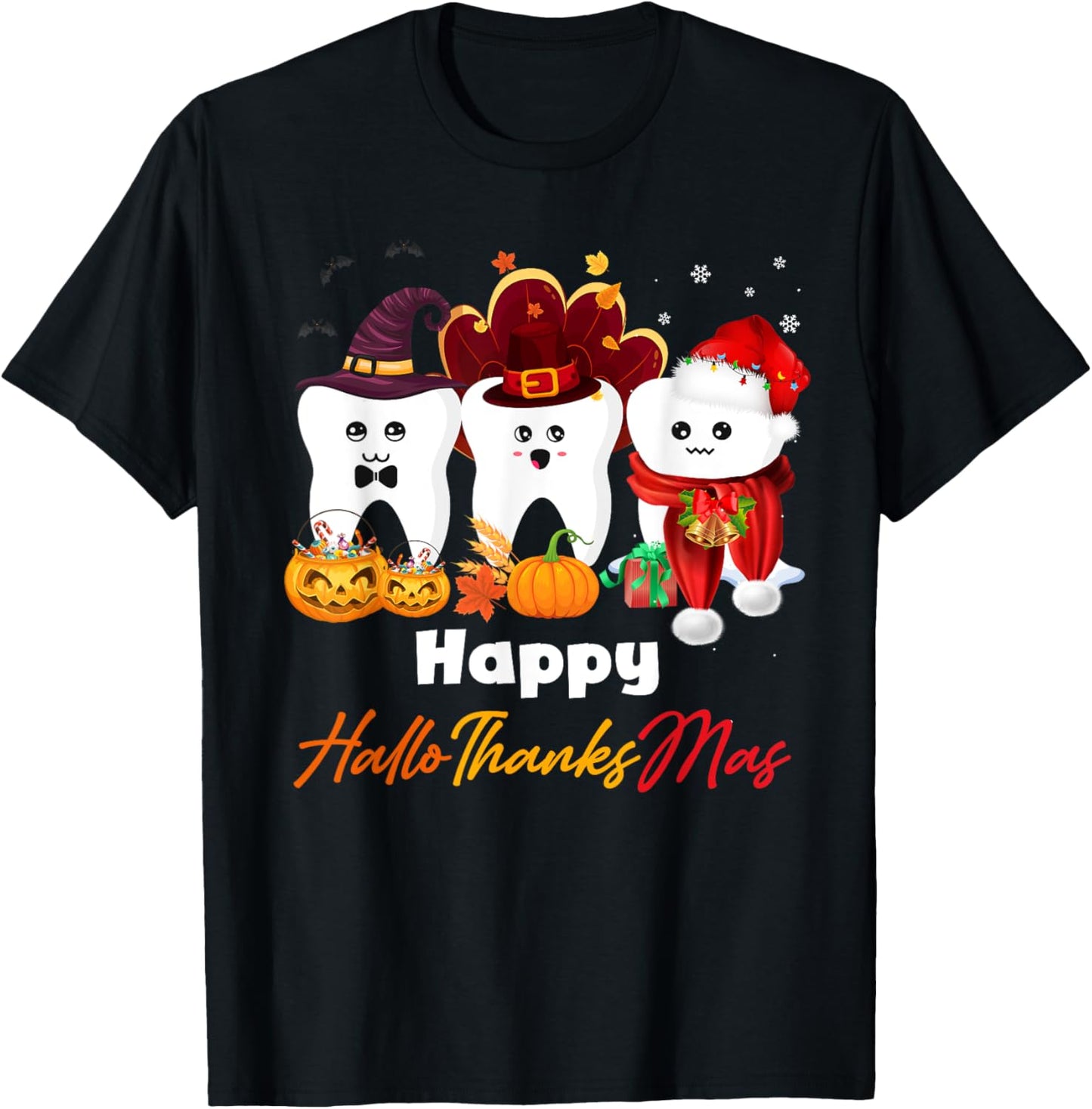 Teeth HalloThanksMas Halloween Thanksgiving Christmas Dental T-Shirt - T-Shirt | Black