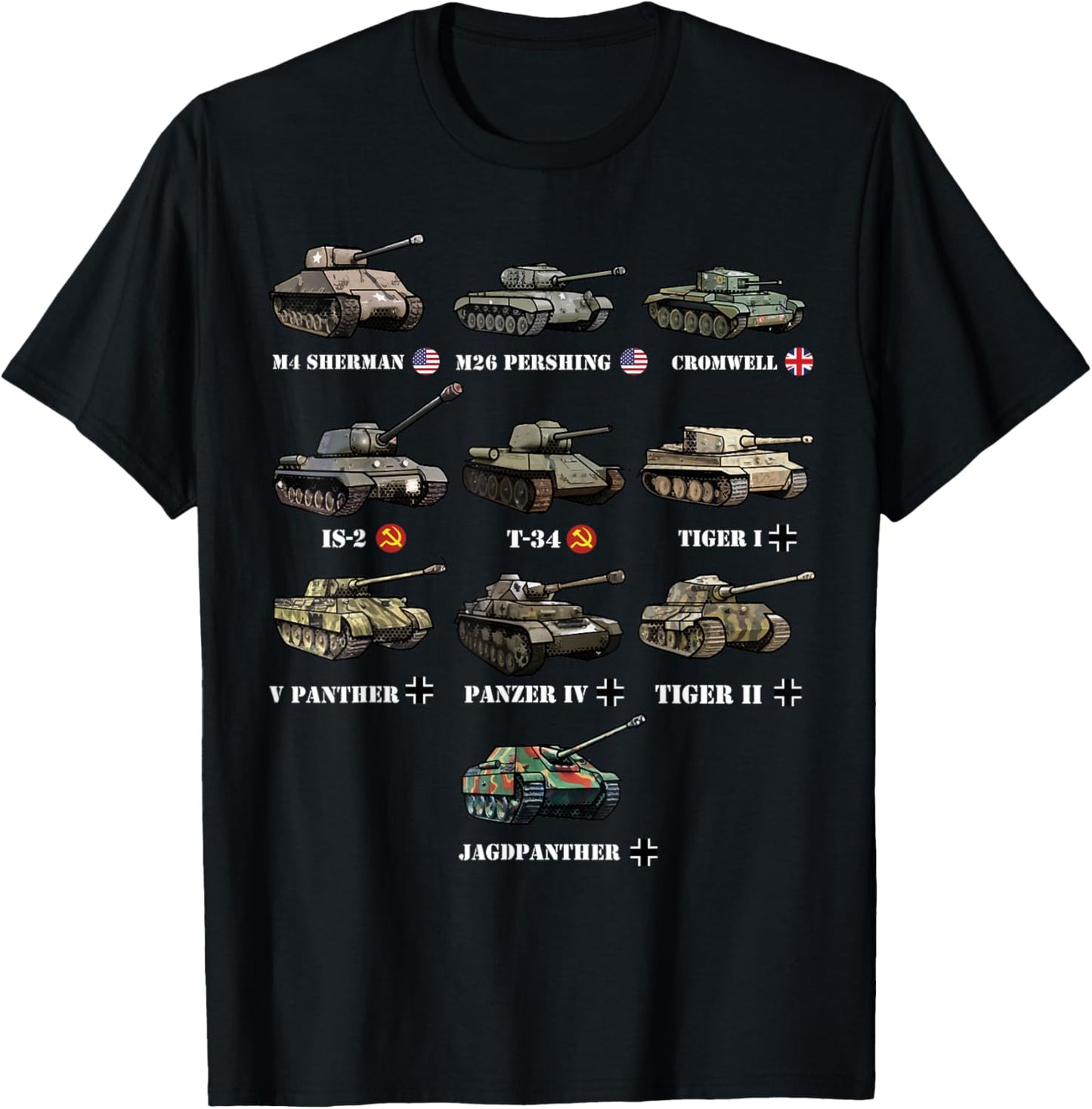 WW2 Tanks M4 Sherman Panzer IV Tiger II T-34 History Buff T-Shirt - T-Shirt | Black