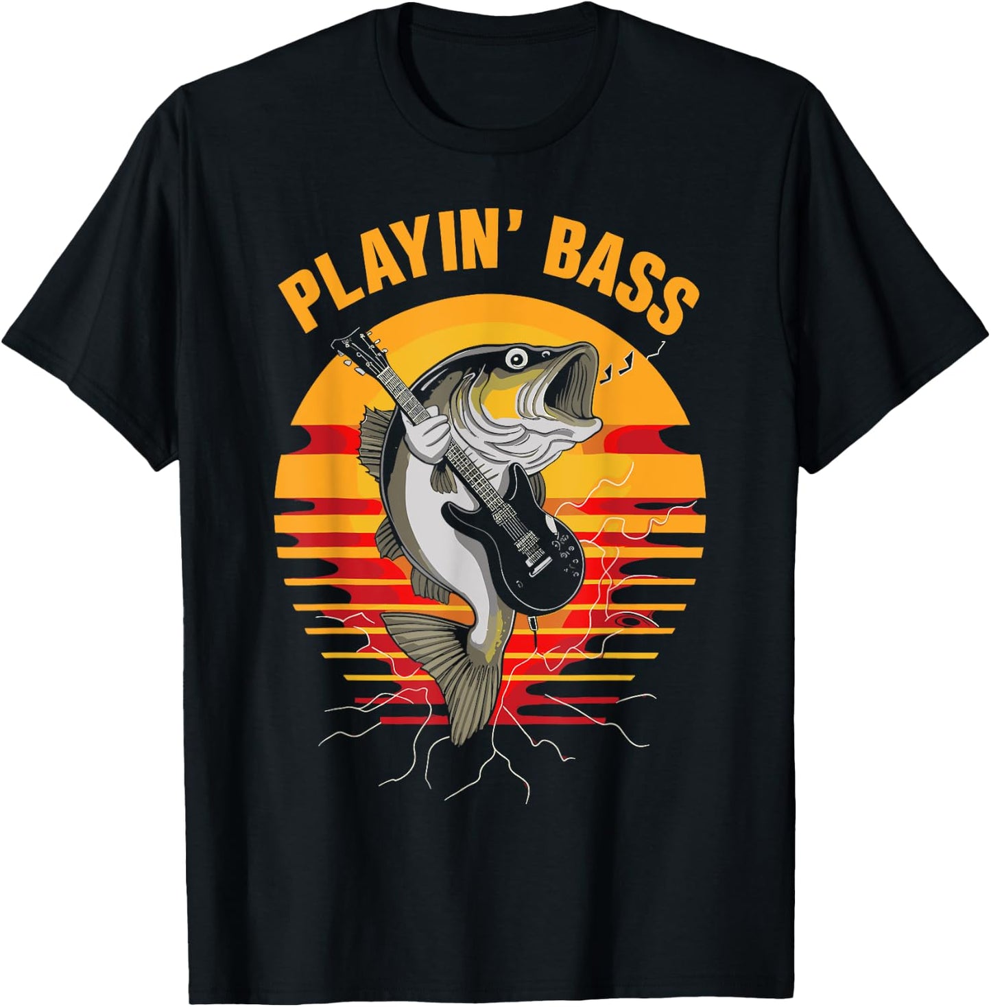 Playin' Bass - Fun Fishing Guitar and Music Retro T-Shirt - T-Shirt | Black