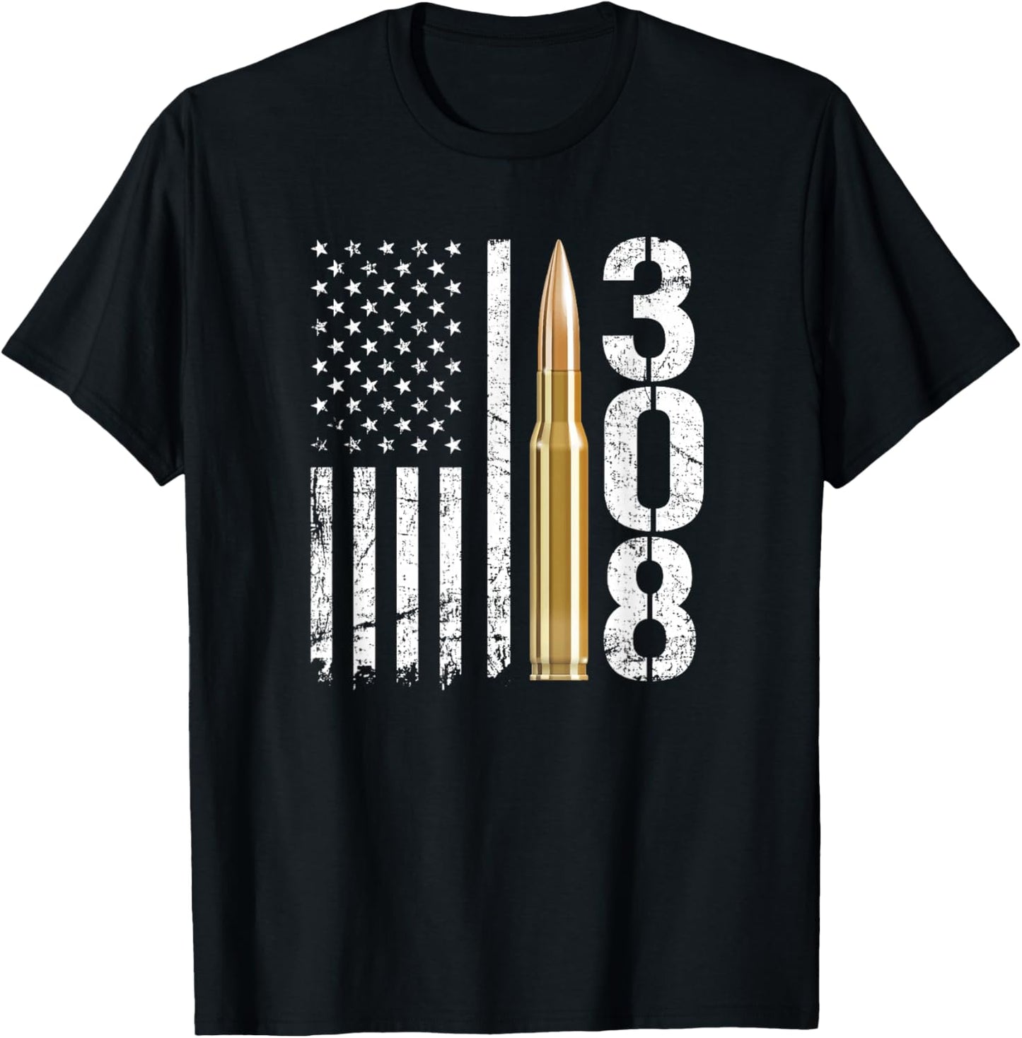 .308 Gun Ammo Bullet 308 Calibre Rifle USA Flag T-Shirt - T-Shirt | Black