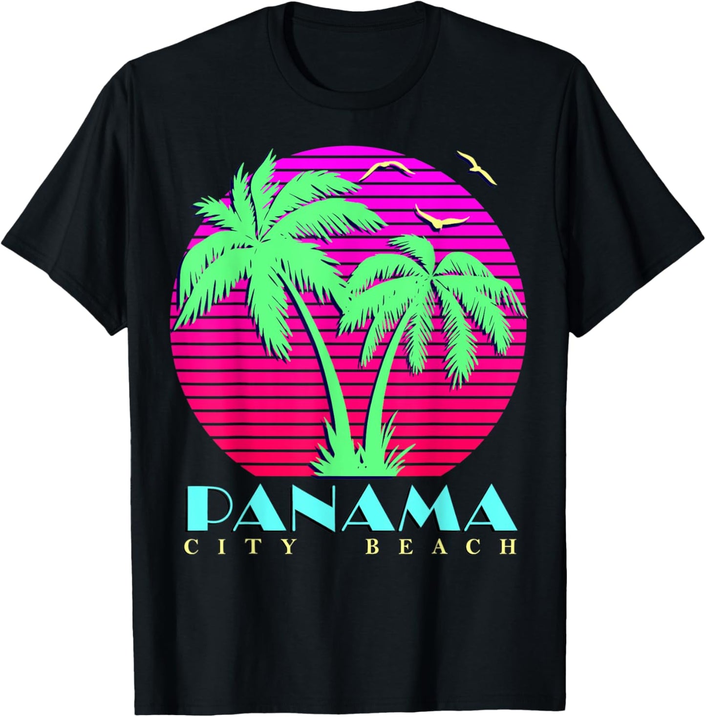 Panama City Beach 80s Palm Trees Summer Sunset sun T-Shirt - T-Shirt | Black