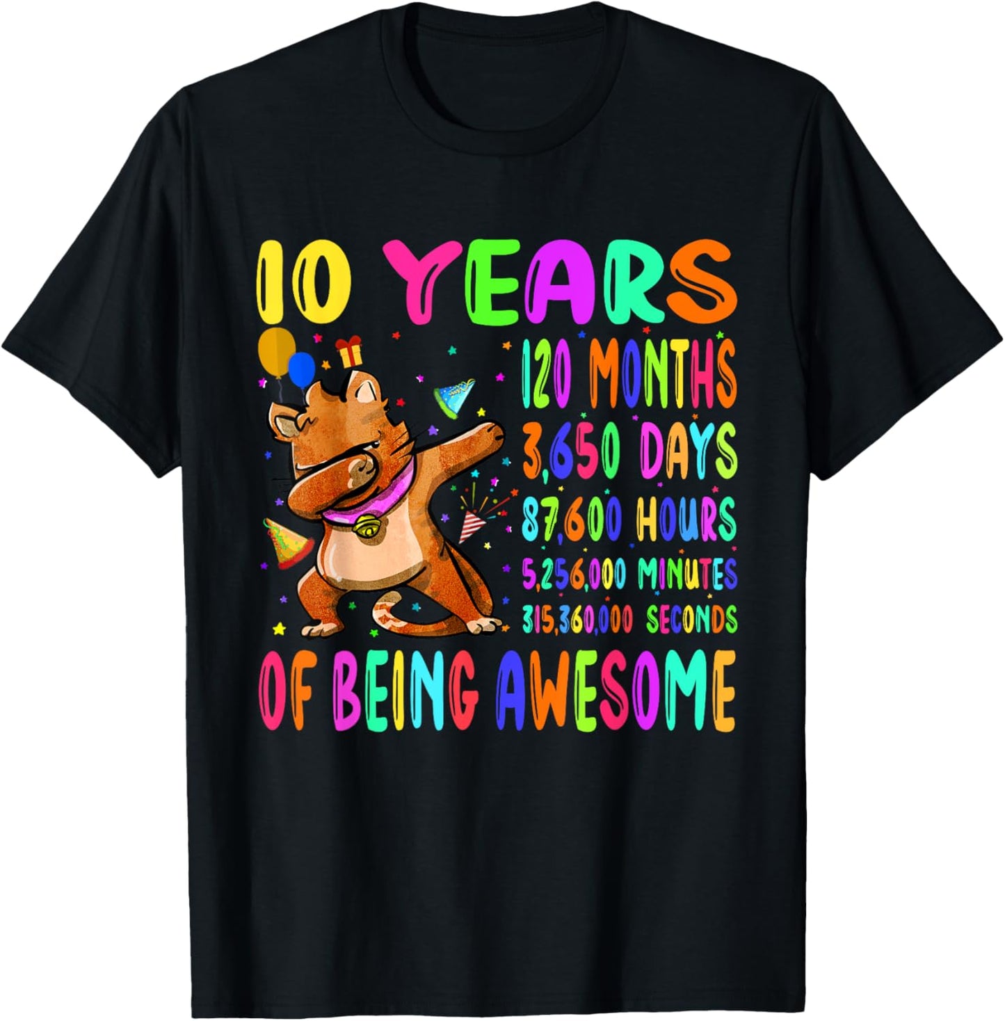 Dabbing Cat 10 Years 120 Months Boy Girl 10th Birthday Party T-Shirt - T-Shirt | Black