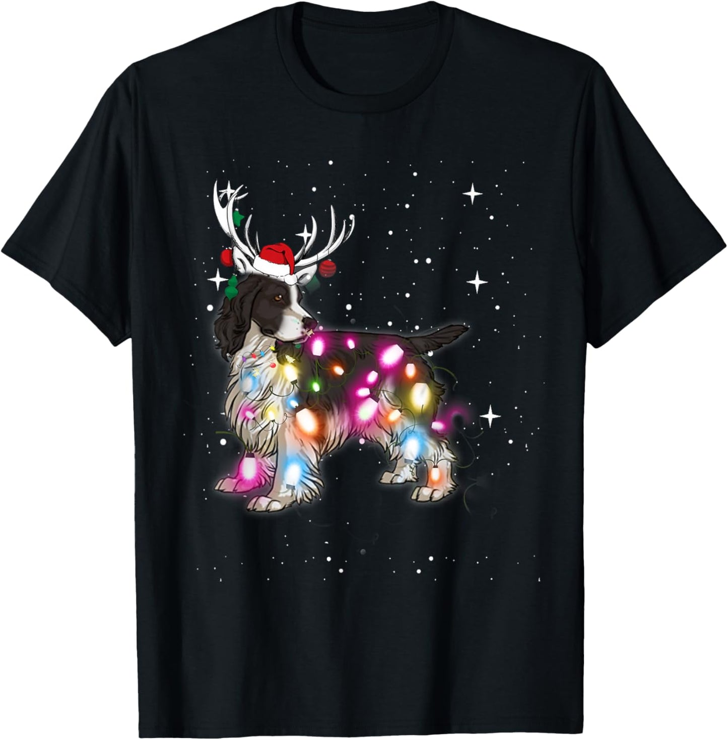 English Springer Spaniel Christmas Lights Pajama Funny Dog Women Kids T-Shirt - T-Shirt | Black