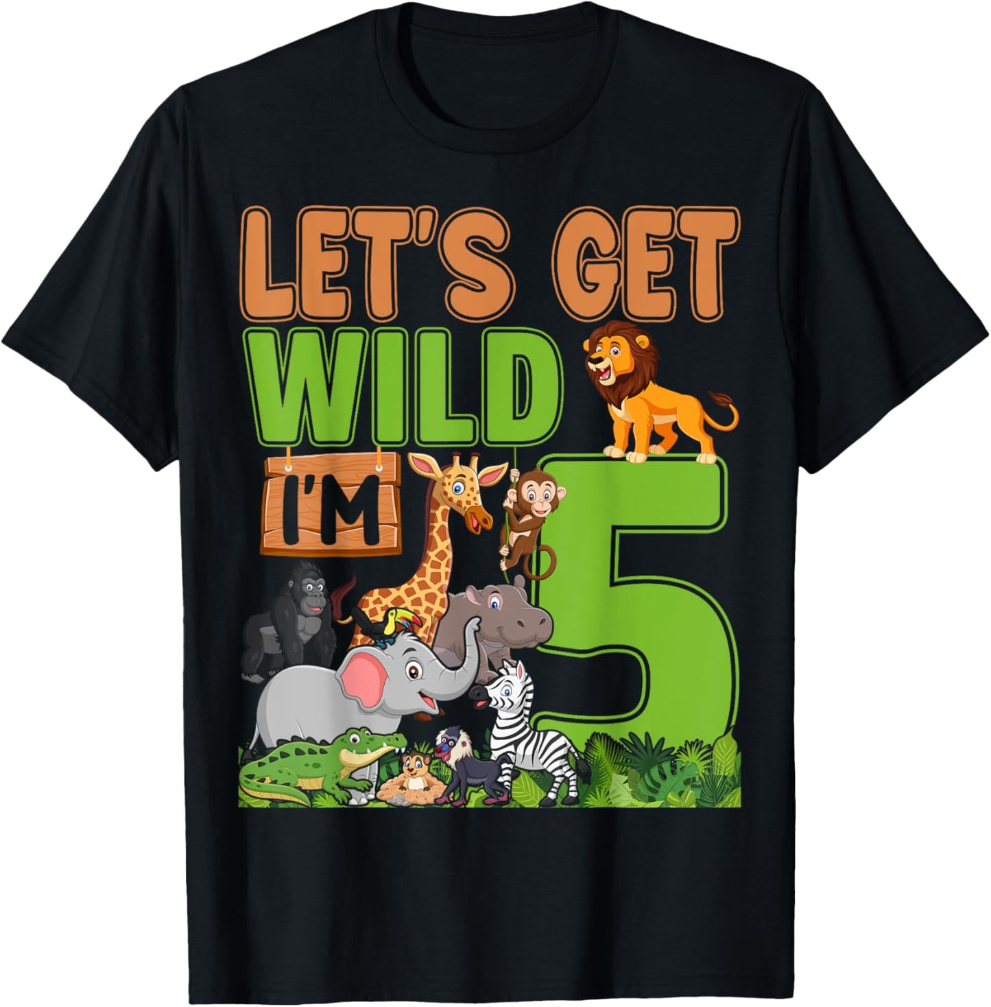 5 Year Old Zoo Birthday Safari Jungle Animal 5th Birthday T-Shirt - T-Shirt | Black
