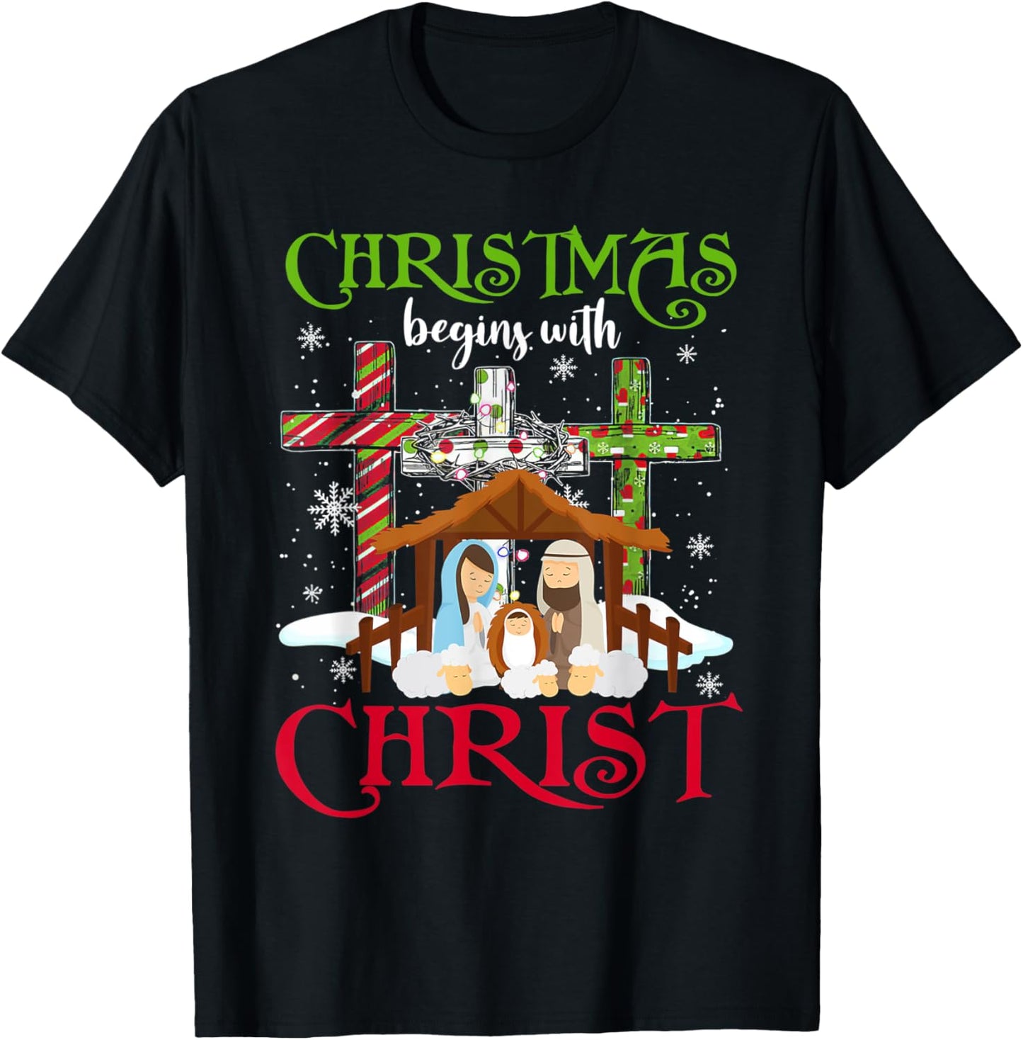 Christmas Begins With Christ Snowman Christian Cross Xmas T-Shirt - T-Shirt | Black