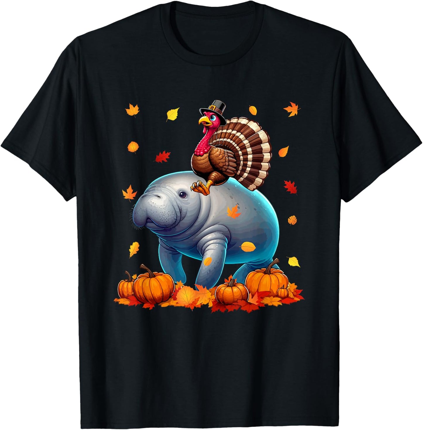 Turkey Riding Manatee Thanksgiving Fall Leaves Pumpkins T-Shirt - T-Shirt | Black