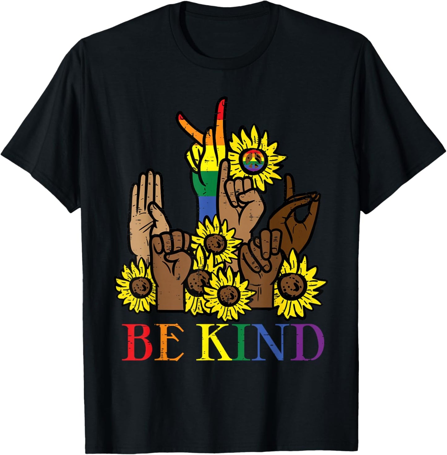Be Kind Sunflower Black Pride Sign Language Gay Ally T-Shirt - T-Shirt | Black