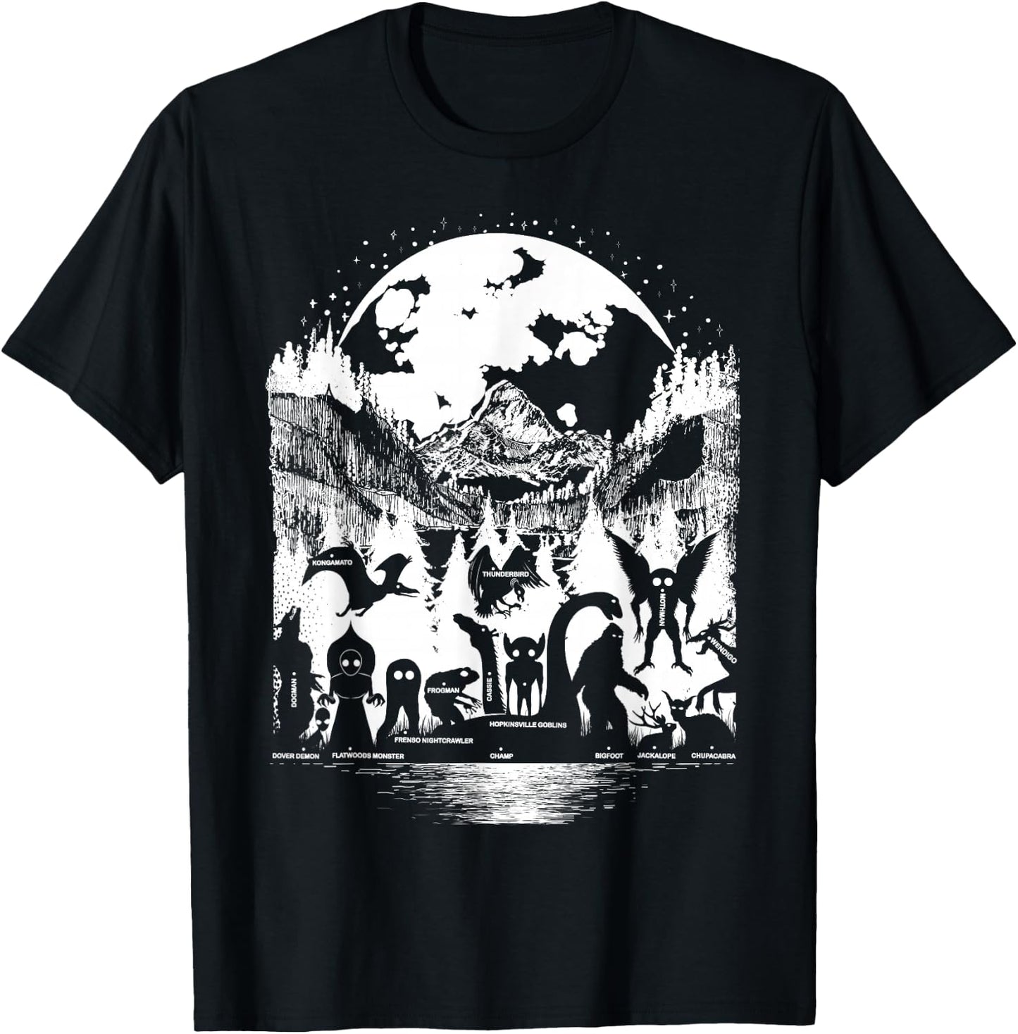 Cryptid Monsters Bigfoot Mothman Dogman Moon Cryptozoology T-Shirt - T-Shirt | Black