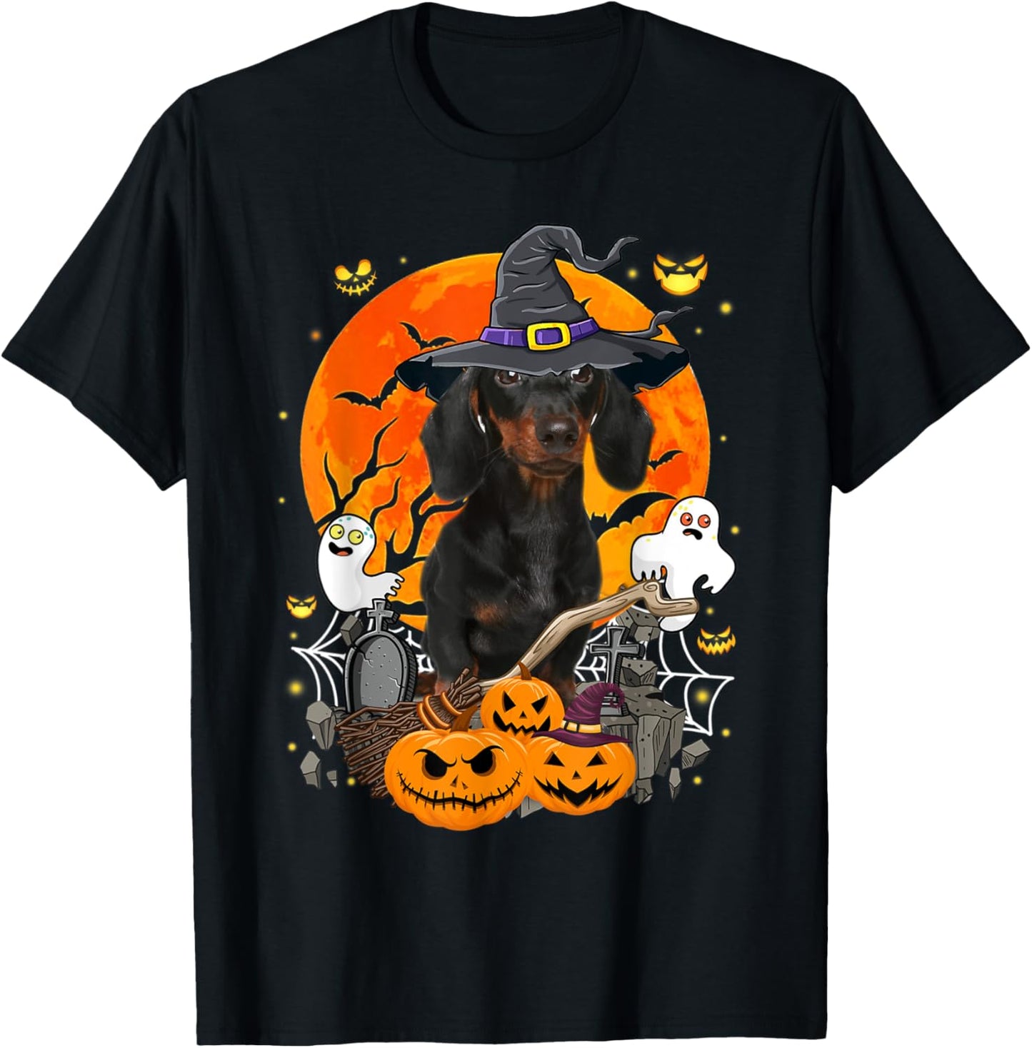 Witchy Dachshund Dog Moon Ghosts Pumpkins Halloween Costume Men Women Kids T-Shirt - T-Shirt | Black
