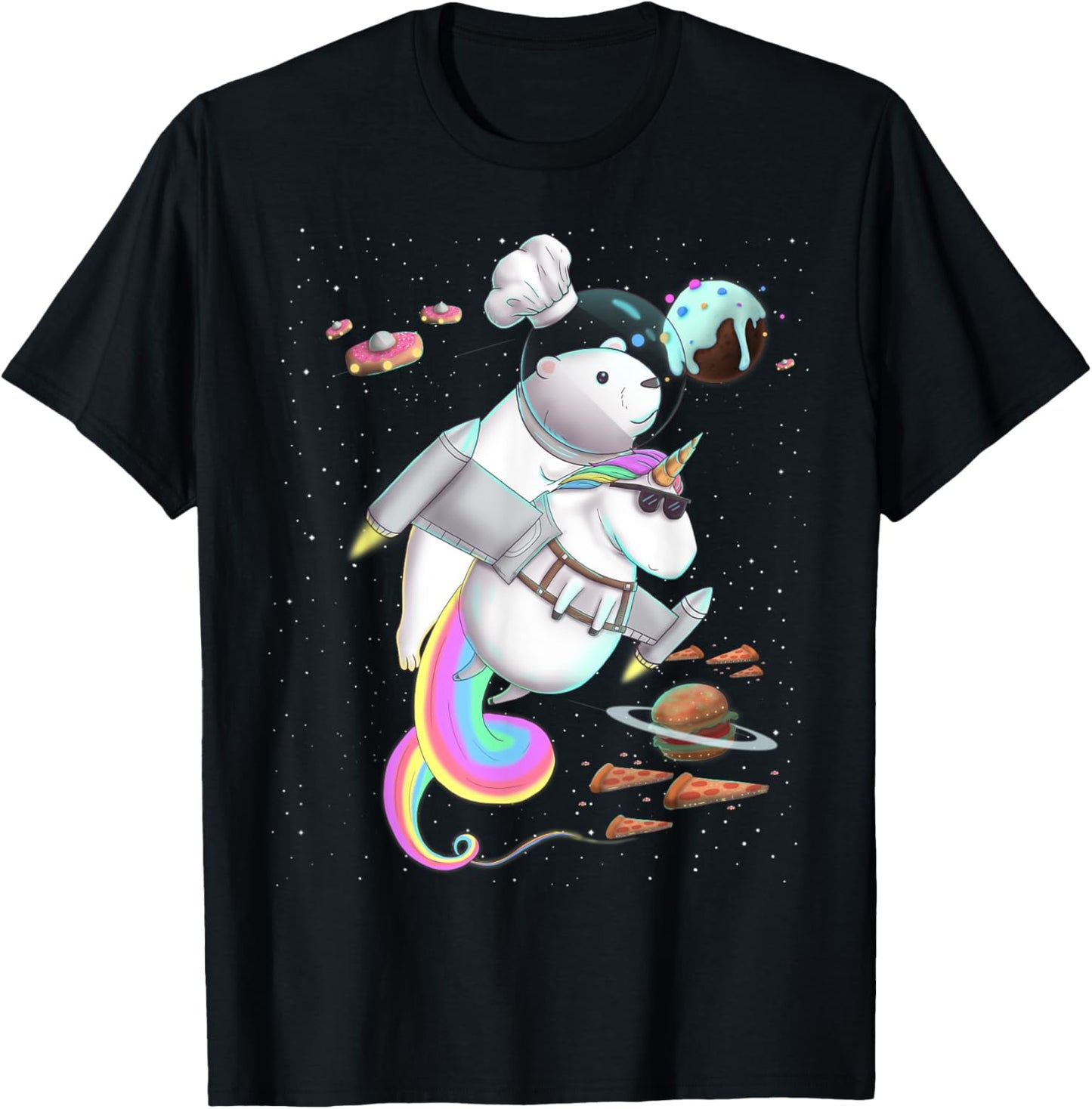 Polar Bear Riding Unicorn Food Pizza Space Party Planet T-Shirt - T-Shirt | Black