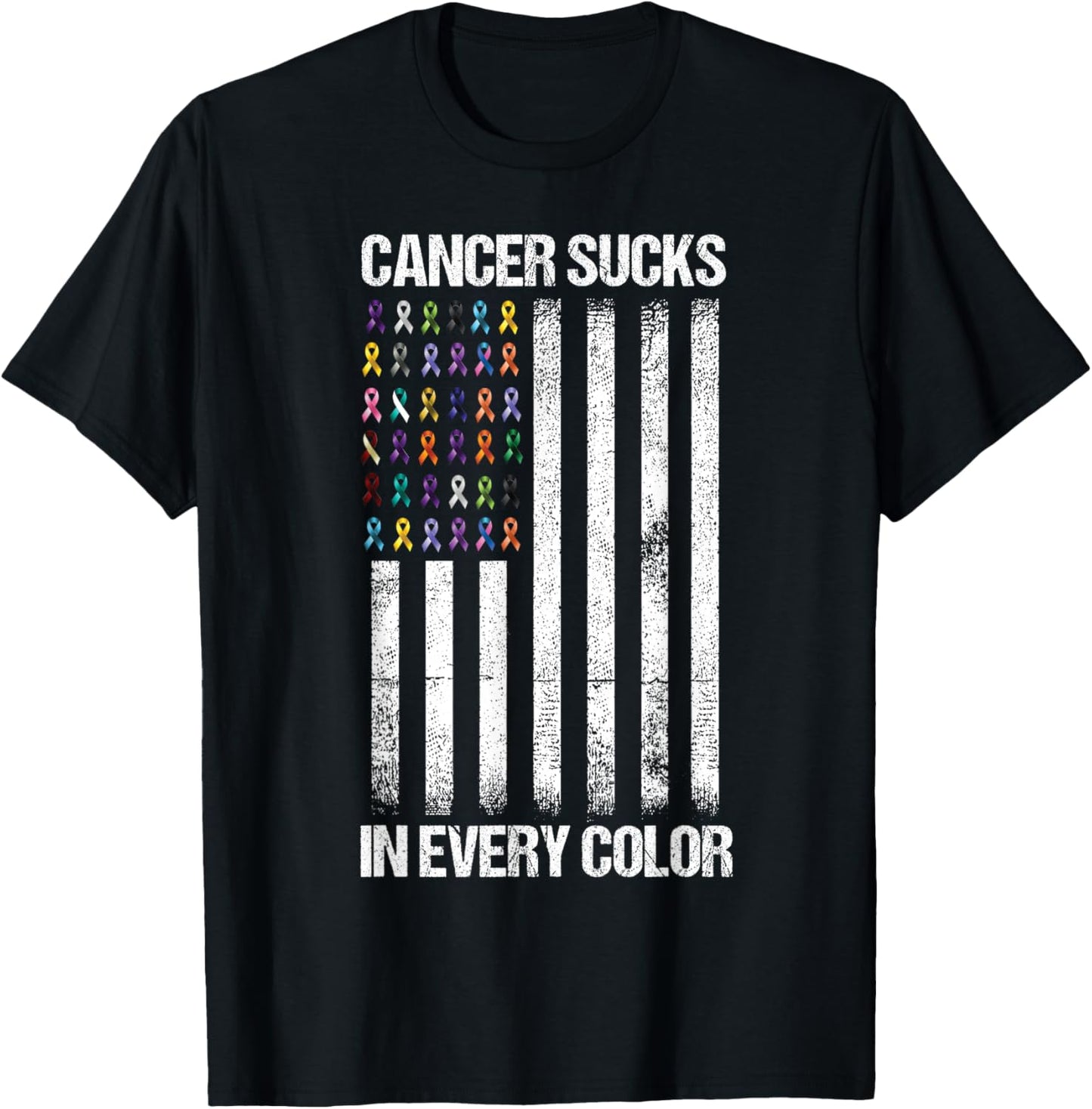 Cancer Sucks in Every Color USA American Flag Ribbons T-Shirt - T-Shirt | Black