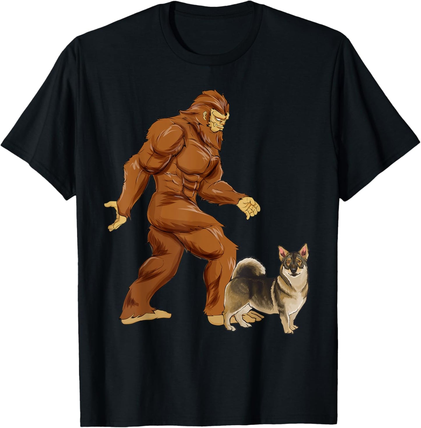 Funny Bigfoot Walking Swedish Vallhund Sasquatch Dog Men Women Kids T-Shirt - T-Shirt | Black