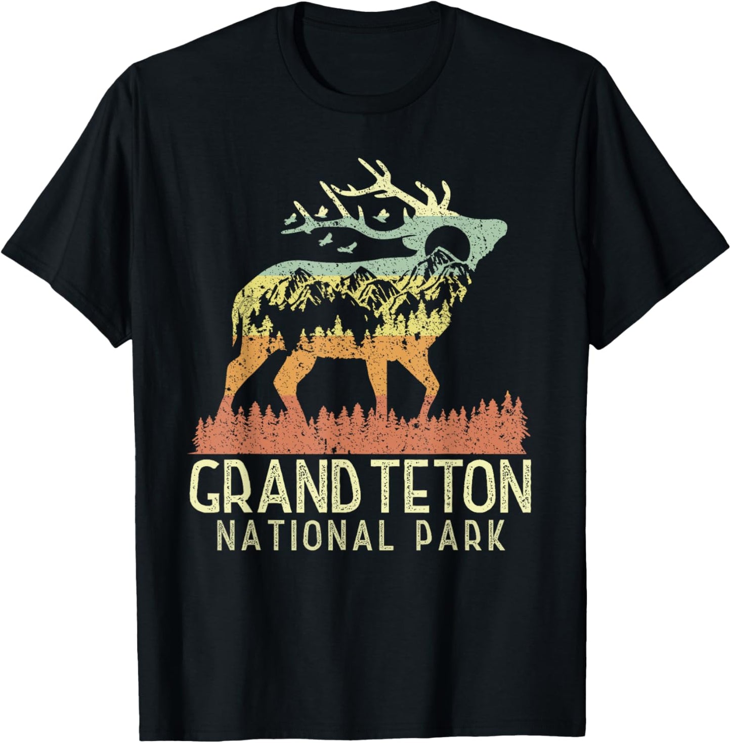 Grand Teton National Park Retro Mountain Vintage Elk Gift T-Shirt - T-Shirt | Black