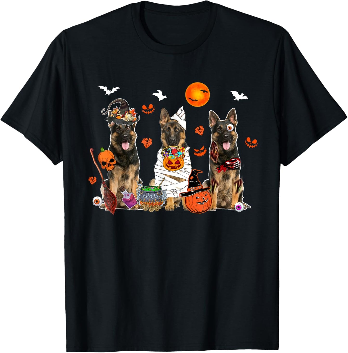 Three German Shepherds Witch Scary Mummy Halloween Zombie T-Shirt - T-Shirt | Black