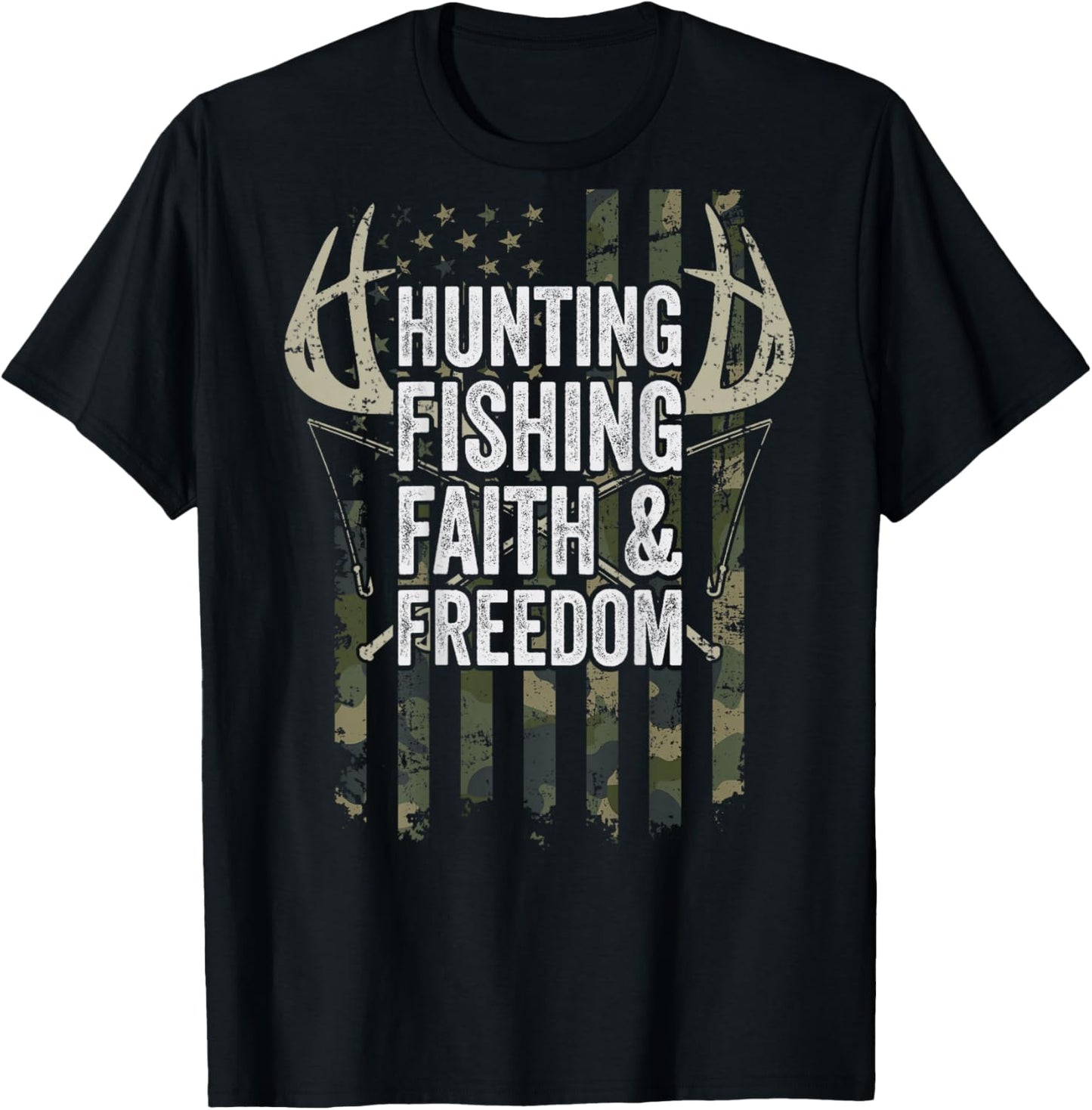 Hunting Fishing Faith & Freedom - Fisherman Hunter - ON BACK T-Shirt - T-Shirt | Black