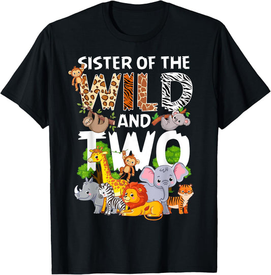 Sister Of The Wild Two Zoo 2nd Birthday Safari Jungle Animal T-Shirt - T-Shirt | Black