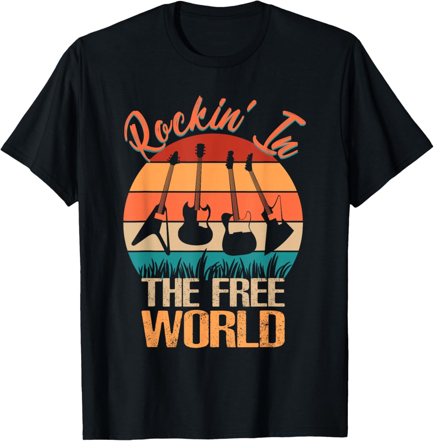Rocking In The Free World Retro Guitar Band Gift T-Shirt - T-Shirt | Black