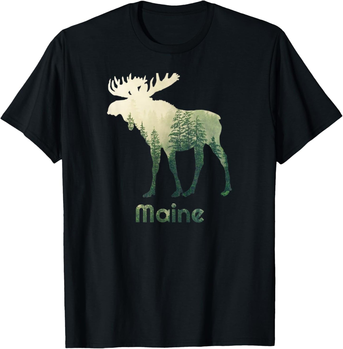 State Of Maine Moose Forest Tree Hunter Wildlife T-Shirt - T-Shirt | Black