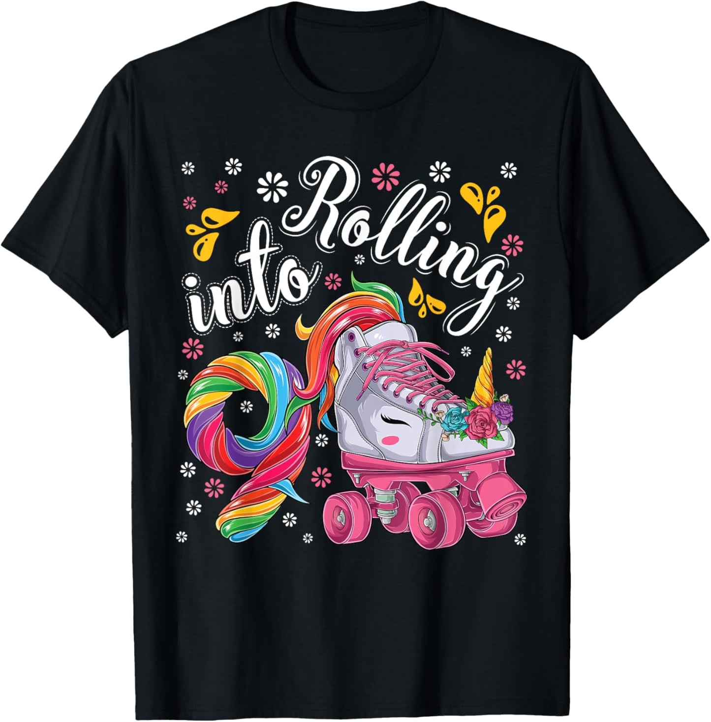 Roller Girl 9 year old Unicorn Rolling skate 9th birthday T-Shirt - T-Shirt | Black