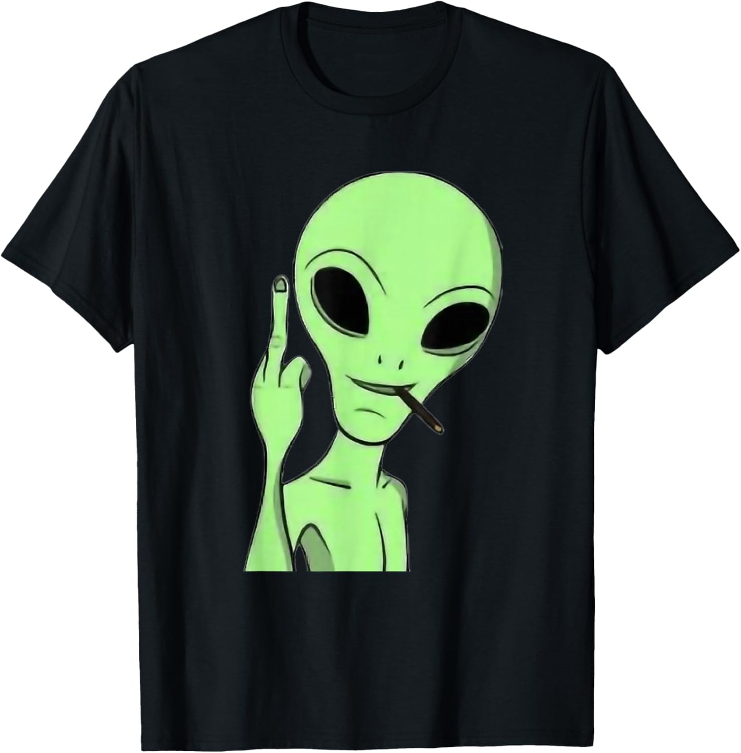Martian Alien Smoking Blunt Flipping Middle Finger Art T-Shirt - T-Shirt | Black