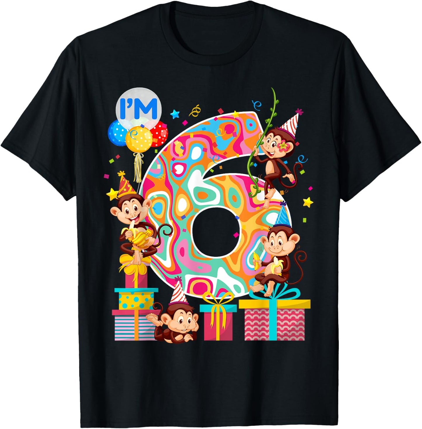 6th B-Day Monkey Birthday Zoo Animal 6 Year Old Funny T-Shirt - T-Shirt | Black