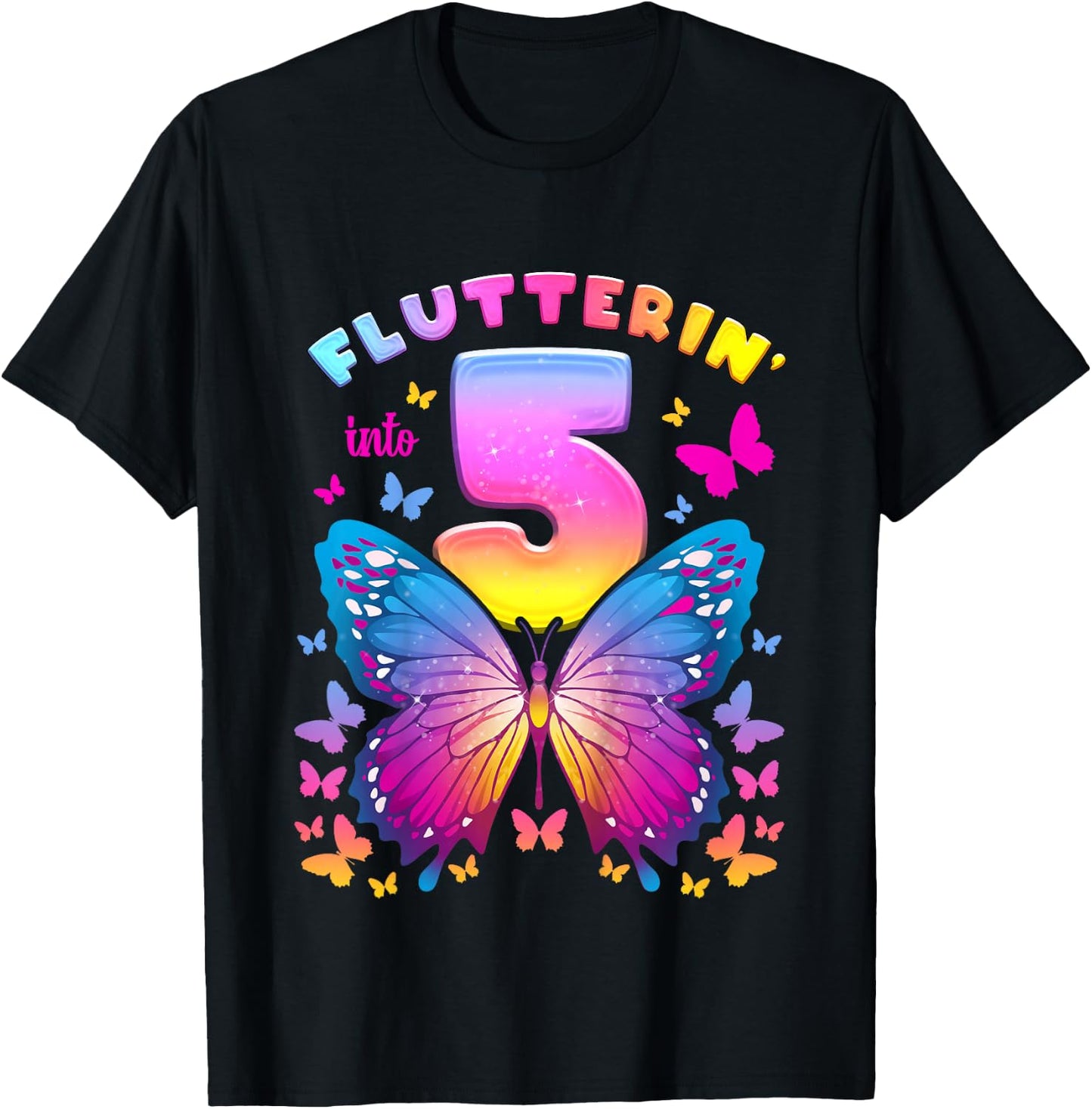 5th Birthday Girl 5 Years Butterfly Number 5 T-Shirt - T-Shirt | Black