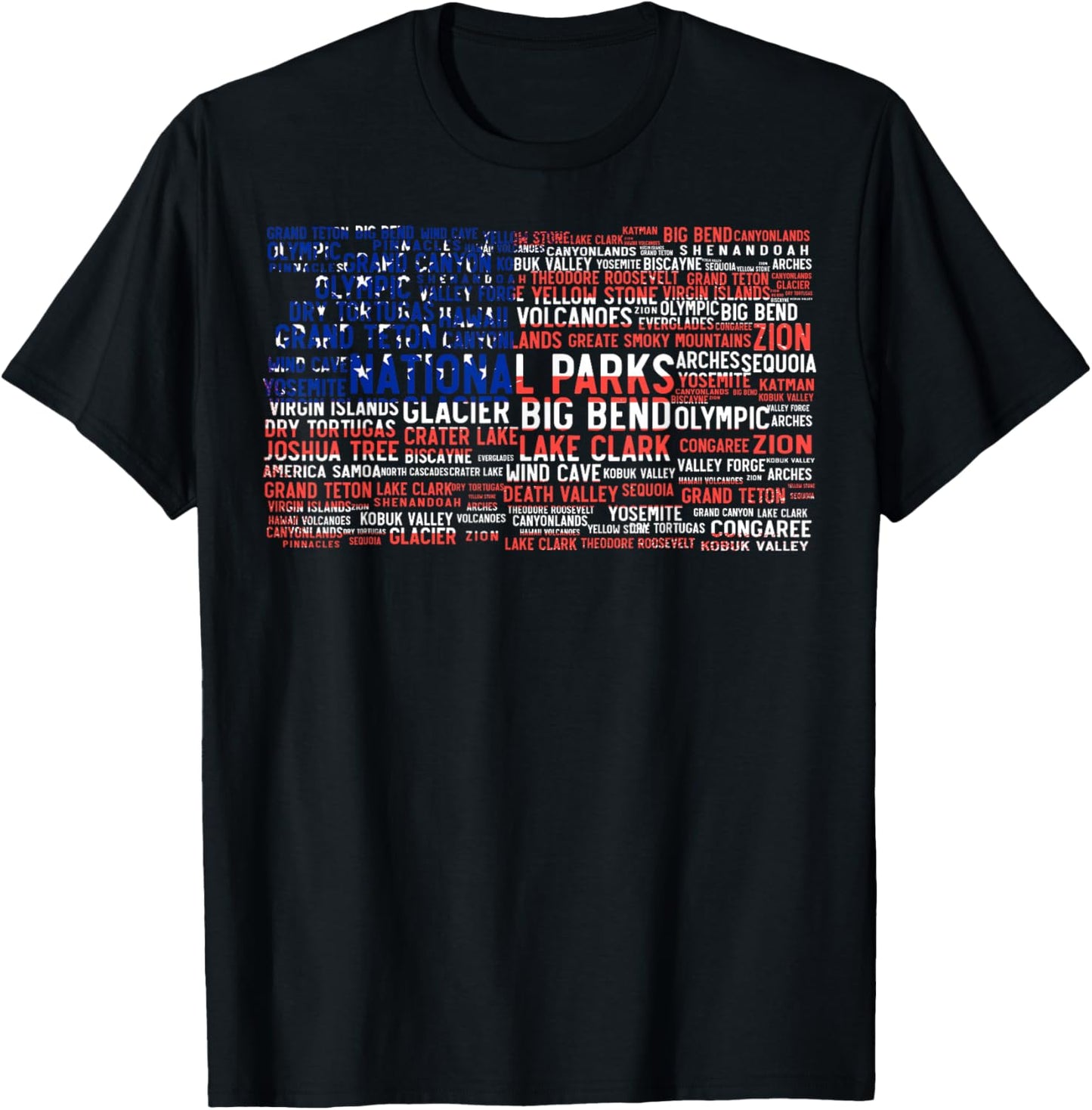 National Parks USA List Word Cloud US Flag Camping & Hiking T-Shirt - T-Shirt | Black