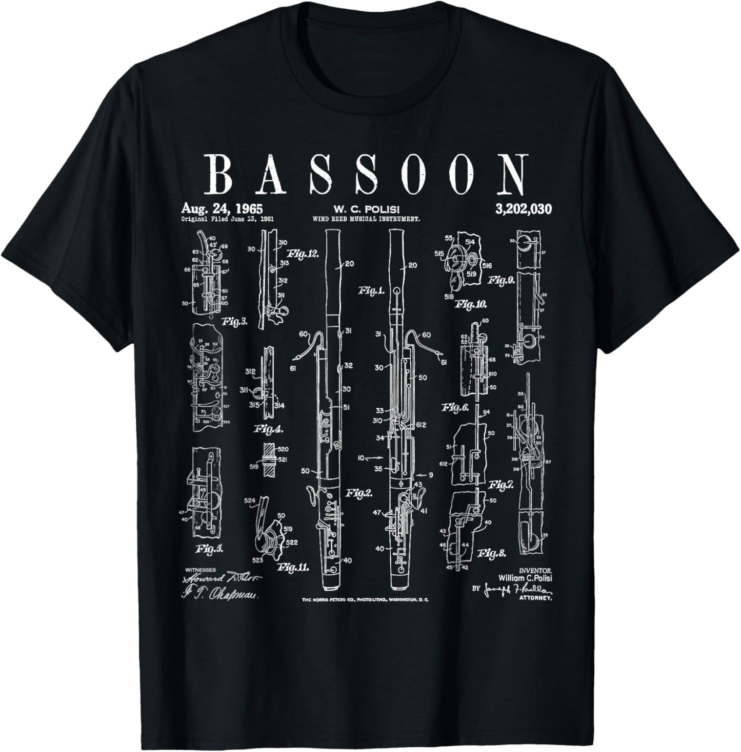 Bassoon Player Vintage Patent Bassoonist Drawing Print T-Shirt - T-Shirt | Black