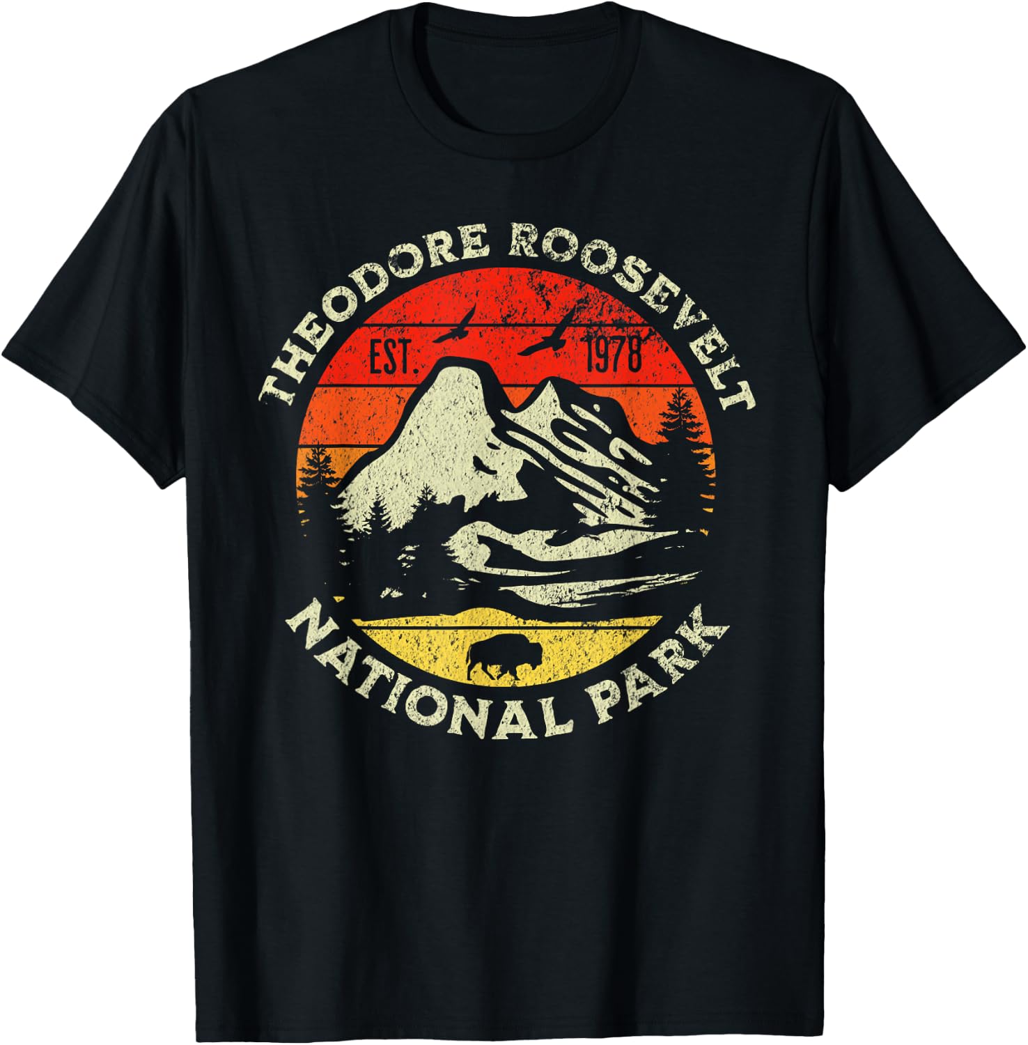 Theodore Roosevelt National Park - Blue, -Adults, Kids - , Short Sleeve - Retro Nature Design - Hiking, Camping, Outdoor - All Seasons T-Shirt - T-Shirt | Black