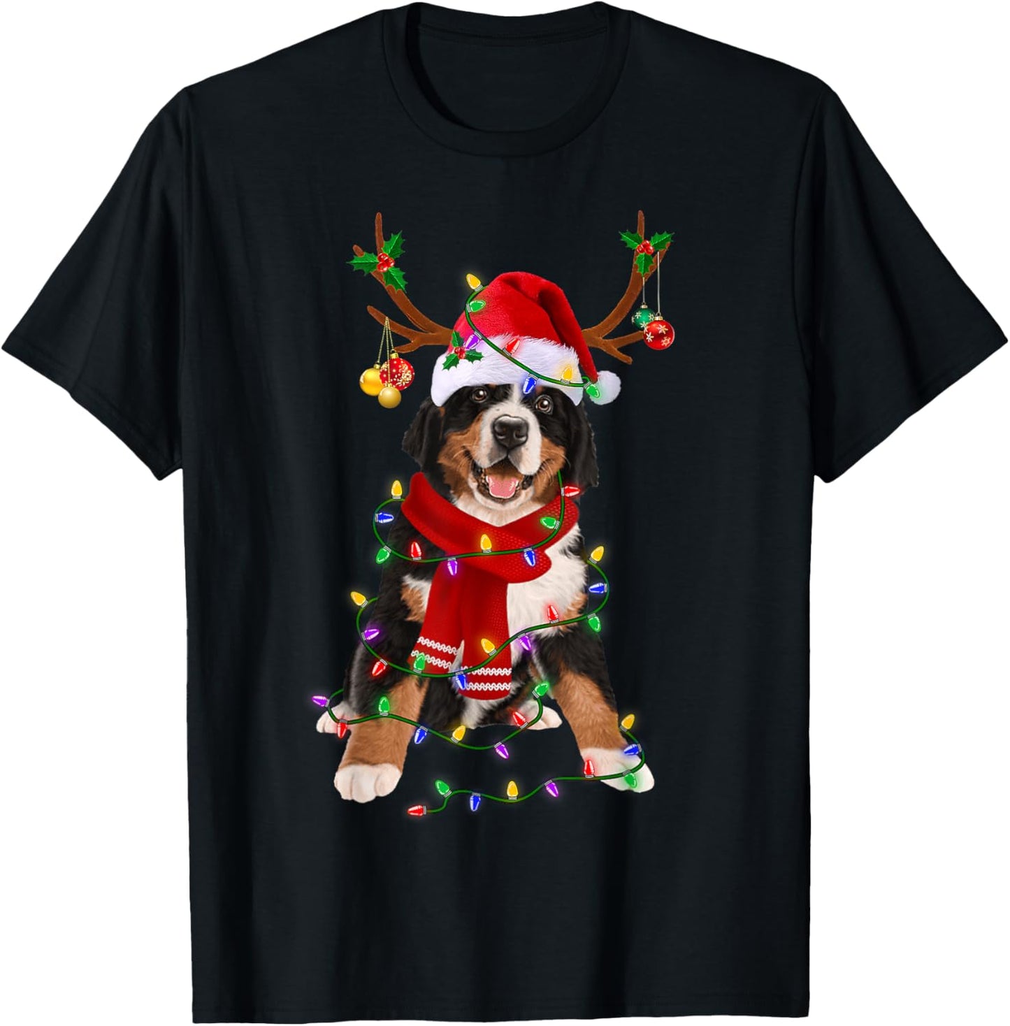 Bernese Mountain Christmas Lights Matching Family Dog Lover Men Women Kids T-Shirt - T-Shirt | Black