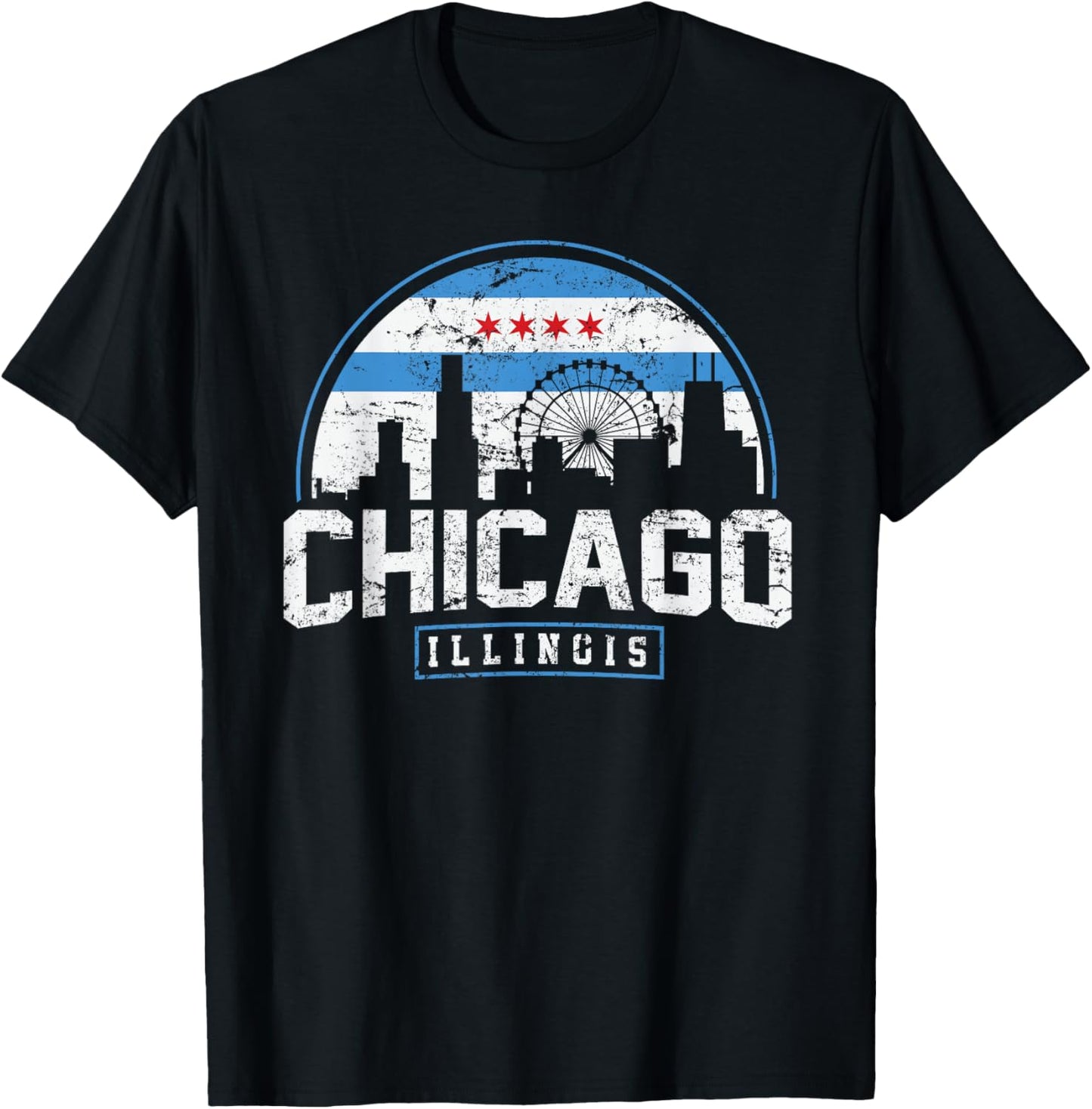 Chicago Illinois Flag Vintage Skyline Shirt Men Women T-Shirt - T-Shirt | Black