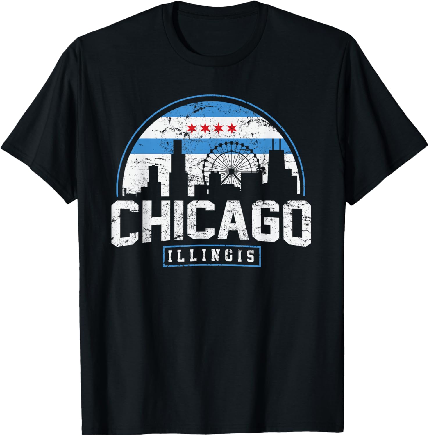 Chicago Illinois Flag Vintage Skyline Shirt Men Women T-Shirt - T-Shirt | Black