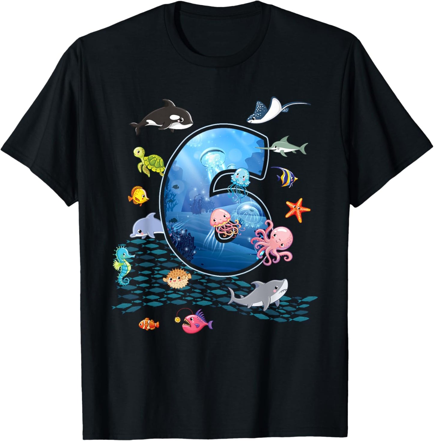 6th Birthday Aquarium Sea Aquatic Animals Lover Boys Girls T-Shirt - T-Shirt | Black