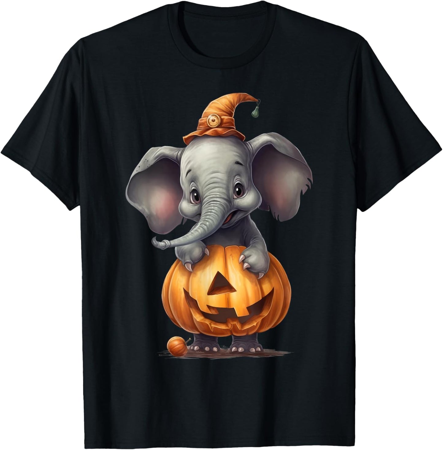 Cute Elephant Wearing A Pumpkin Halloween Funny Elephant T-Shirt - T-Shirt | Black
