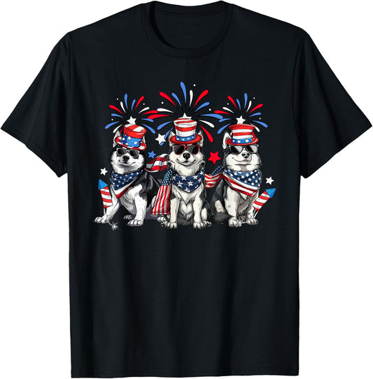Husky Dog 4th Of July Patriotic USA Flag Red White And Blue Women Girls Kids Men T-Shirt - T-Shirt | Black