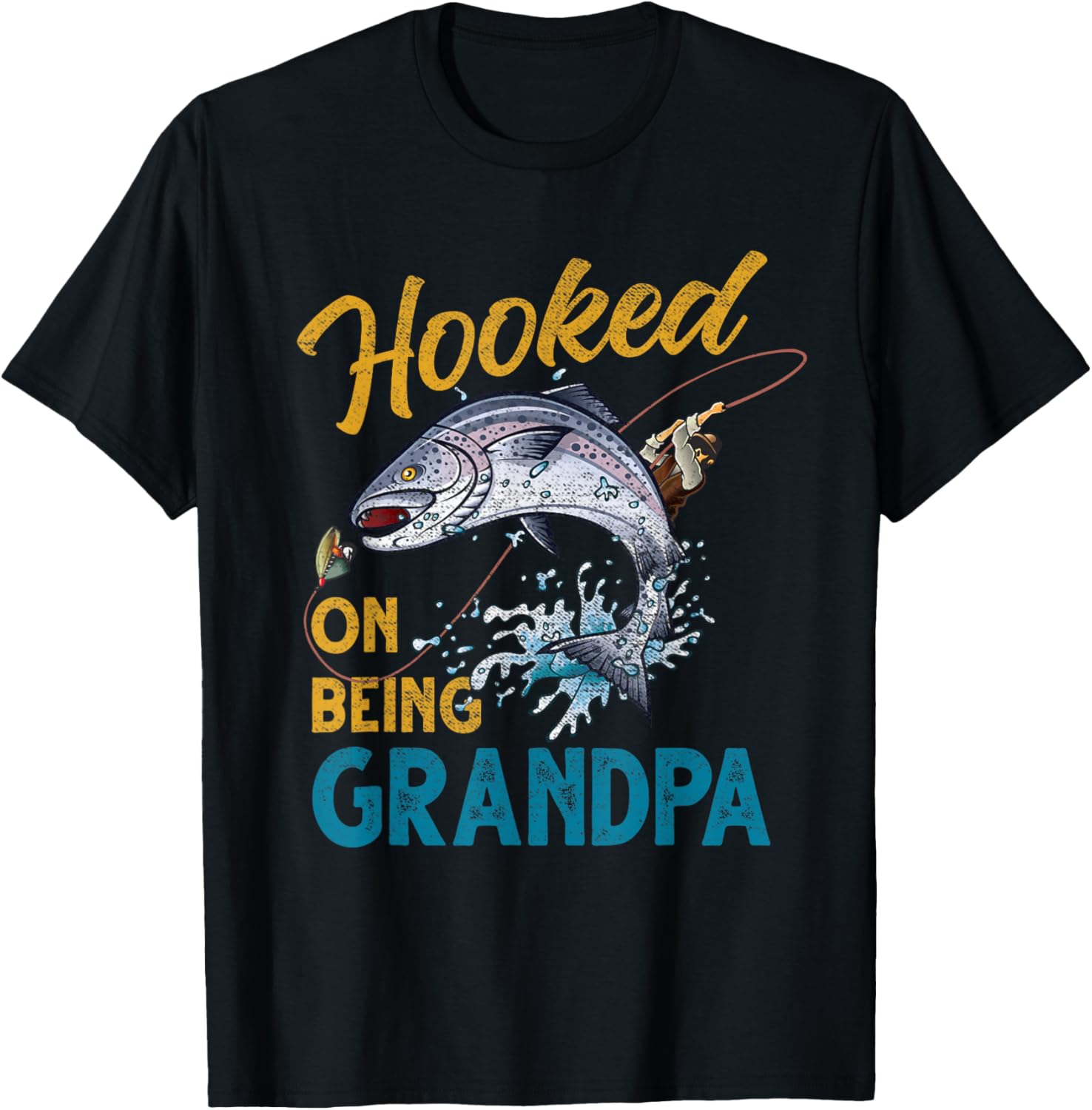 Vintage Hooked On Being Grandpa Funny Fishing Fathers Day T-Shirt - T-Shirt | Black