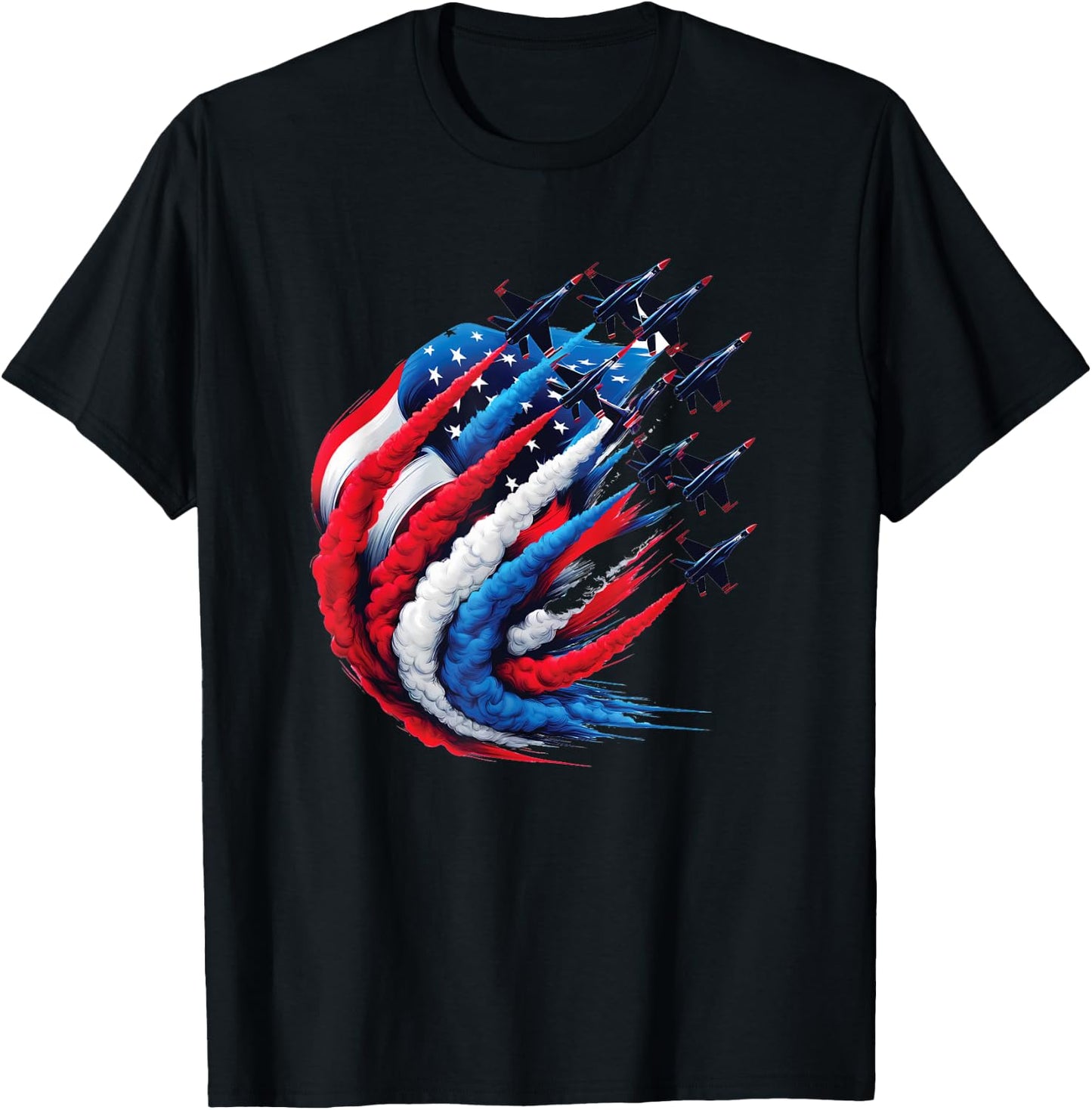 Fighter Jets Patriotic Red White Blue Smoke USA Flag T-Shirt - T-Shirt | Black