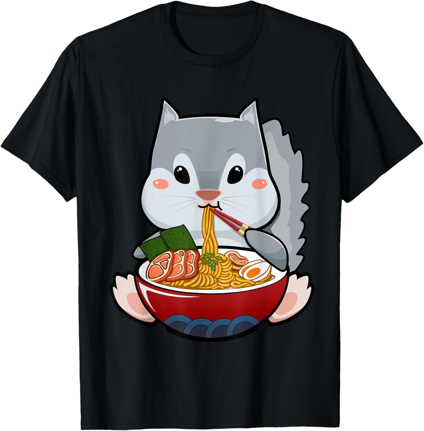 Momonga Squirrel Eating Ramen Noodle Funny Kawaii Udon Anime T-Shirt - T-Shirt | Black