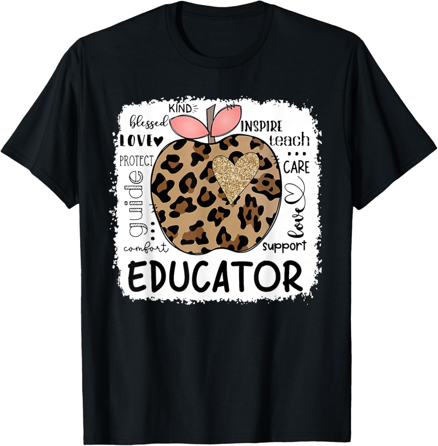 Educator Kind Blessed Teach Inspire Love Leopard Apple T-Shirt - T-Shirt | Black