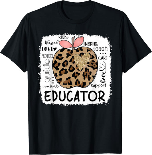 Educator Kind Blessed Teach Inspire Love Leopard Apple T-Shirt - T-Shirt | Black