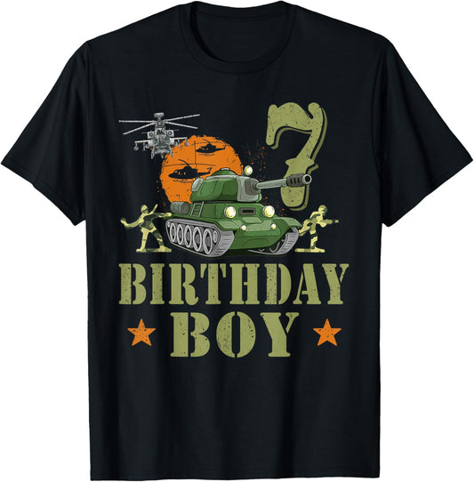 7 Year Old Birthday Boy Army Party 7th Birthday Camo T-Shirt - T-Shirt | Black