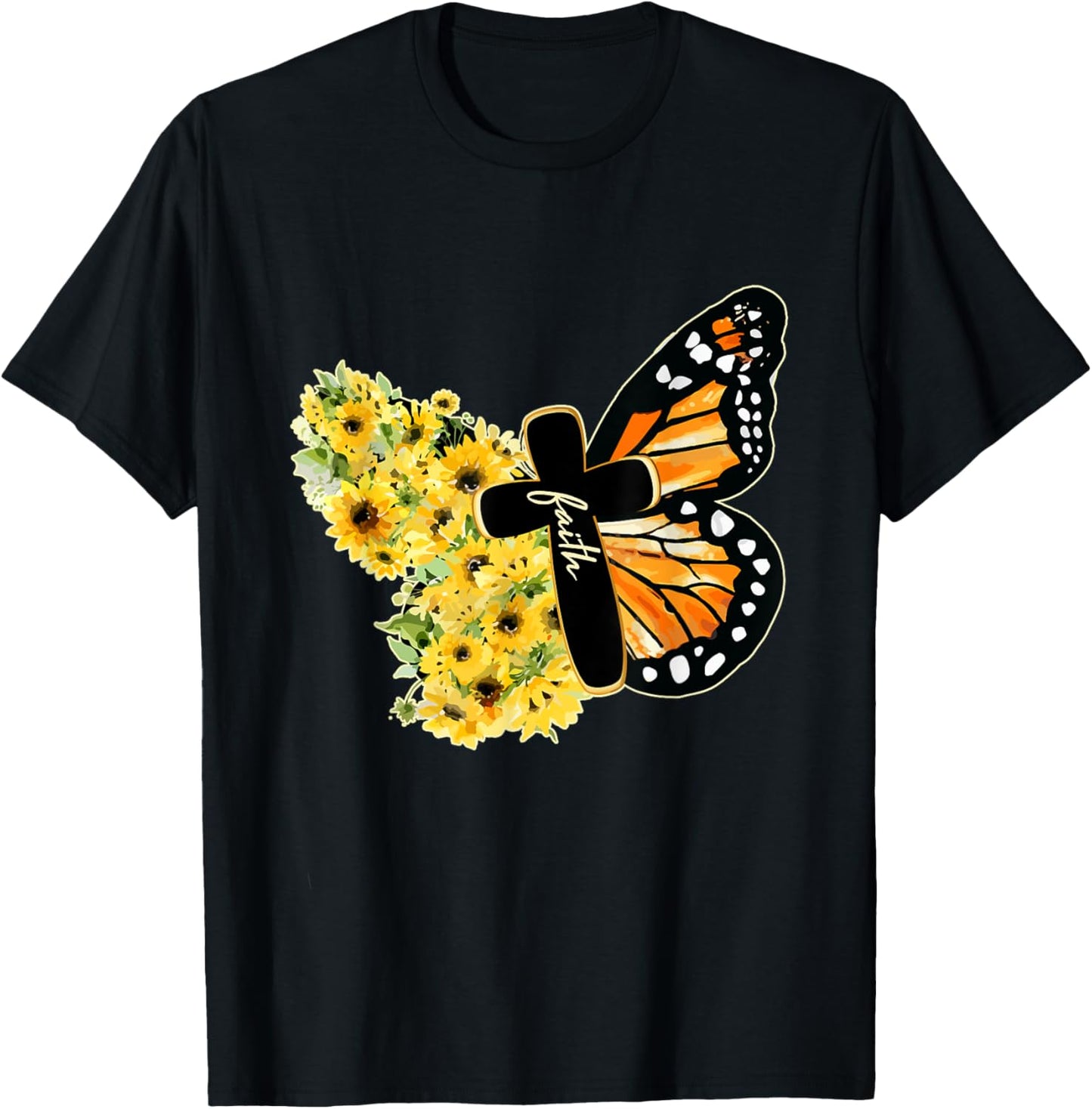 Faith Cross Sunflower Butterfly Christian Vintage T-Shirt - T-Shirt | Black
